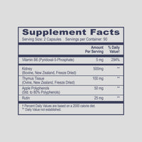 Supplement facts label for ABP1 Hista/Gut with detailed nutritional information on a gray background