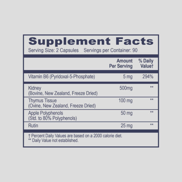 Supplement facts label for ABP1 Hista/Gut with detailed nutritional information on a gray background