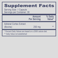 Supplement facts label for Adrenal Cortex Extract (Bovine) from PHP supplements on a light background