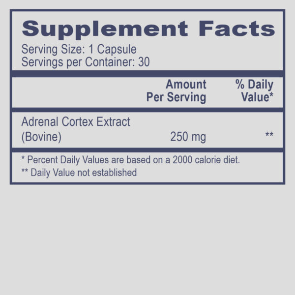 Supplement facts label for Adrenal Cortex Extract (Bovine) from PHP supplements on a light background