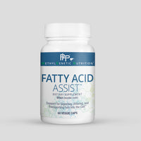 Supplement bottle labeled 'Fatty Acid Assist' by MethylGenetic Nutrition on a light gray background