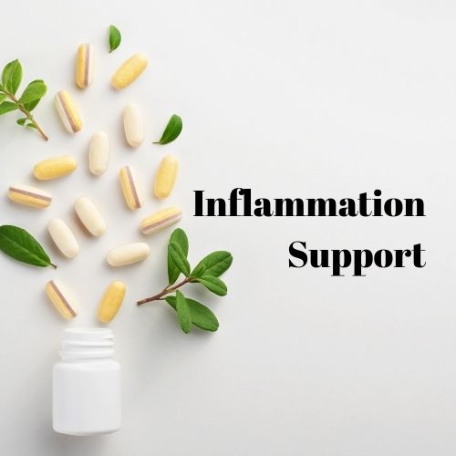 Supplements labeled 'Inflammation Support' with a white bottle and green leaves on a light background