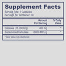Supplement facts label with catalase and superoxide dismutase content on a white background