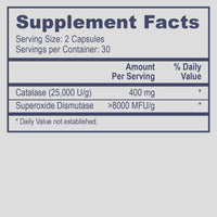 Supplement facts label with catalase and superoxide dismutase content on a white background