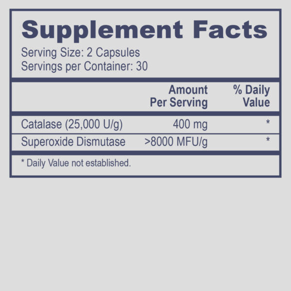 Supplement facts label with catalase and superoxide dismutase content on a white background