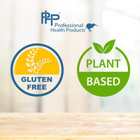 Professional Health Products logo with gluten free and plant based labels on a light background