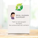 Card with 'Real Human Support' text and TFP Market icon logo on a blurred background